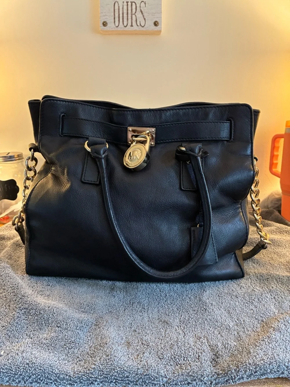 Michael Kors Black Leather Tote with Gold-Tone Lock - Picture 1 of 6